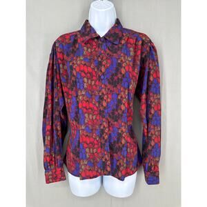 70s Vintage Top Womens Medium Red Button Retro Colorful Long Sleeve Boho